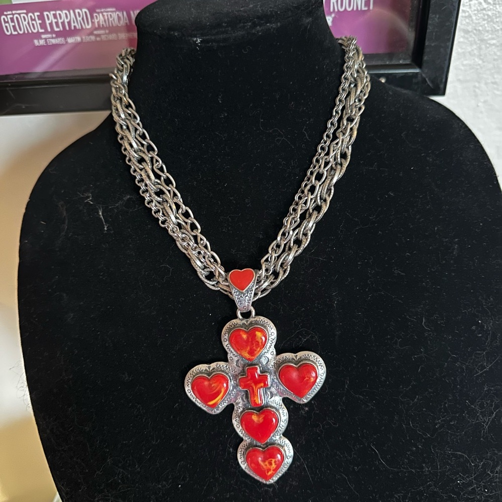 Silver and Red Heart Cross Pendant Necklace costume jewelry